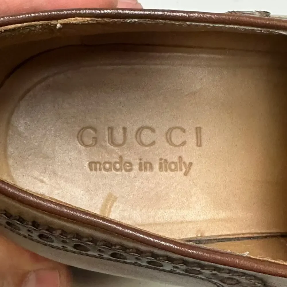 VGUC Gucci Cap Toe Derby Brogue Burnished Tan Calf Cognac Made in Italy US 9 D